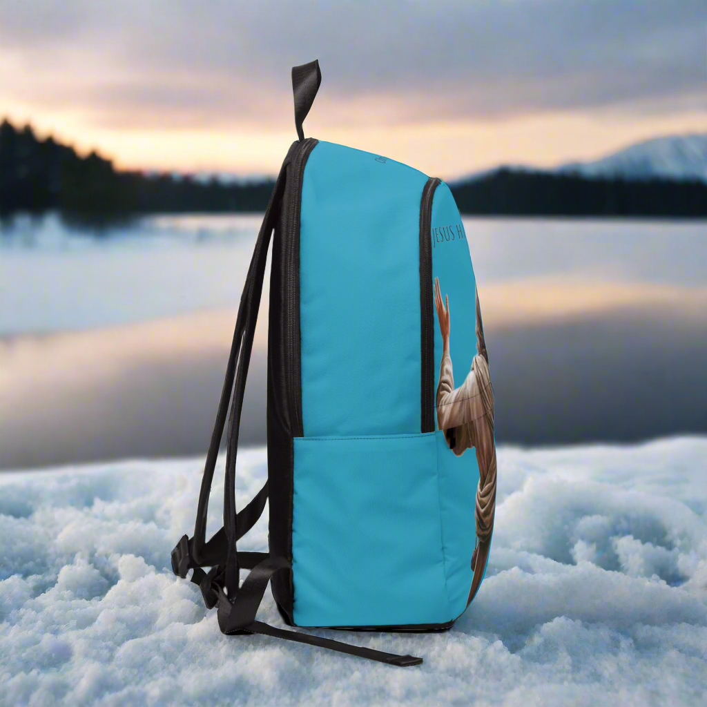 "Jesus Has My Back" design Christian Backpack (turquoise)