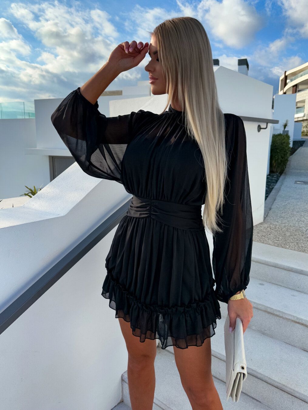 Women's Solid Color Chiffon Waist Shirring Dress