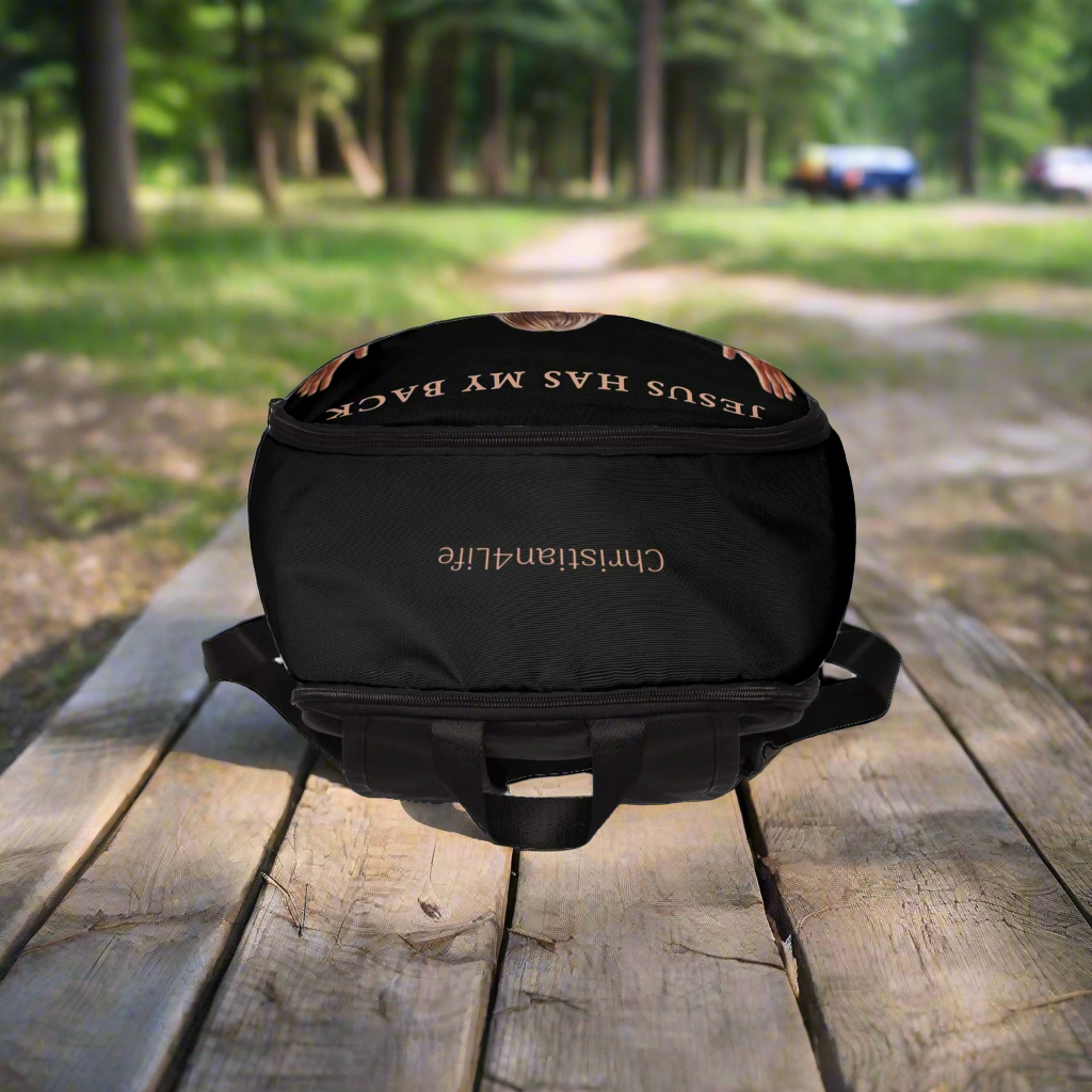 "Jesus Has My Back" Graphic design Christian Backpack (black)