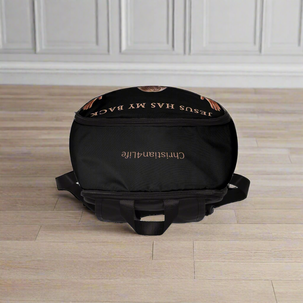 "Jesus Has My Back" Graphic design Christian Backpack (black)