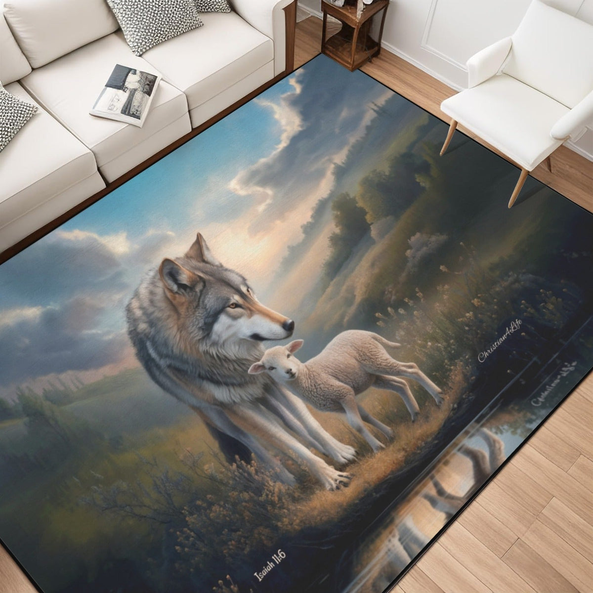 Wolf and Lamb water reflection Christian Area Rug with Black Binding 84"x60"