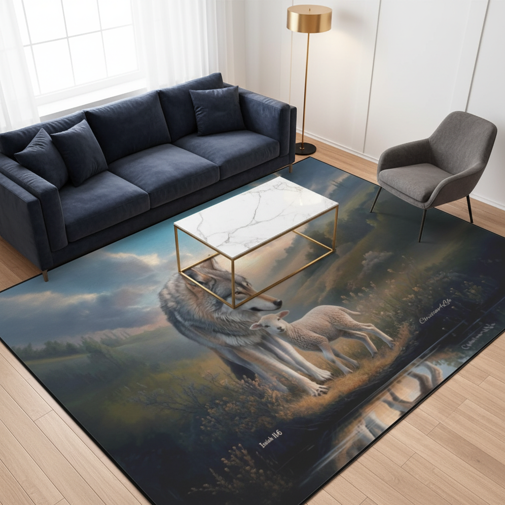 Wolf and Lamb water reflection Christian Area Rug with Black Binding 84"x60"