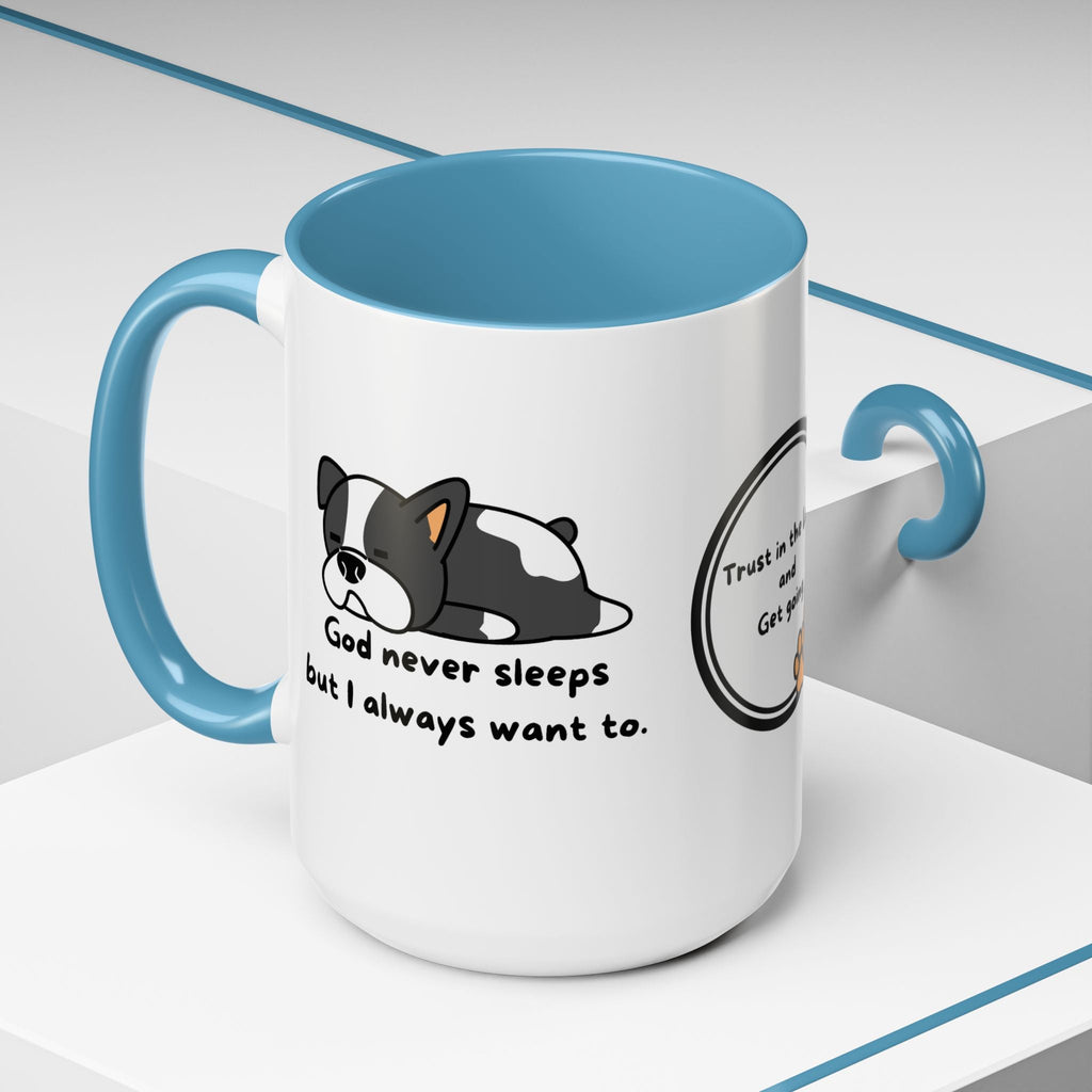 Christian "God never sleeps" 11 oz and 15oz Accent Mug, multiple colors, Christian Mug