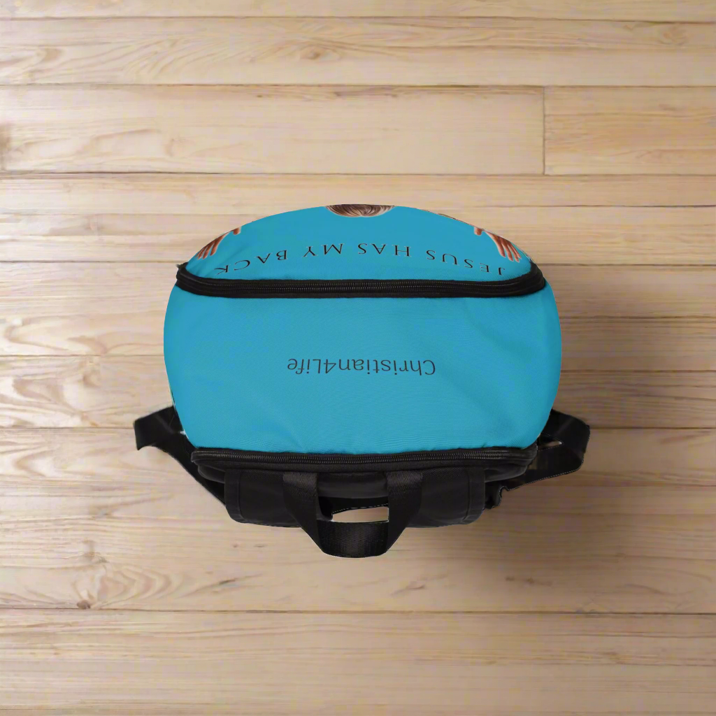 "Jesus Has My Back" design Christian Backpack (turquoise)
