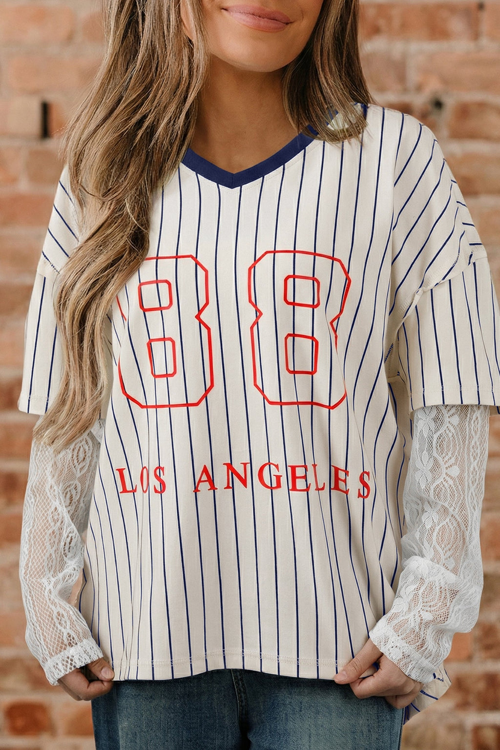 Blue Stripe 88 LOS ANGEL Graphic Lace Patchwork Faux Two Piece V Neck Top