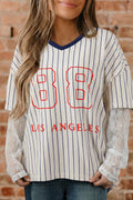 Blue Stripe 88 LOS ANGEL Graphic Lace Patchwork Faux Two Piece V Neck Top