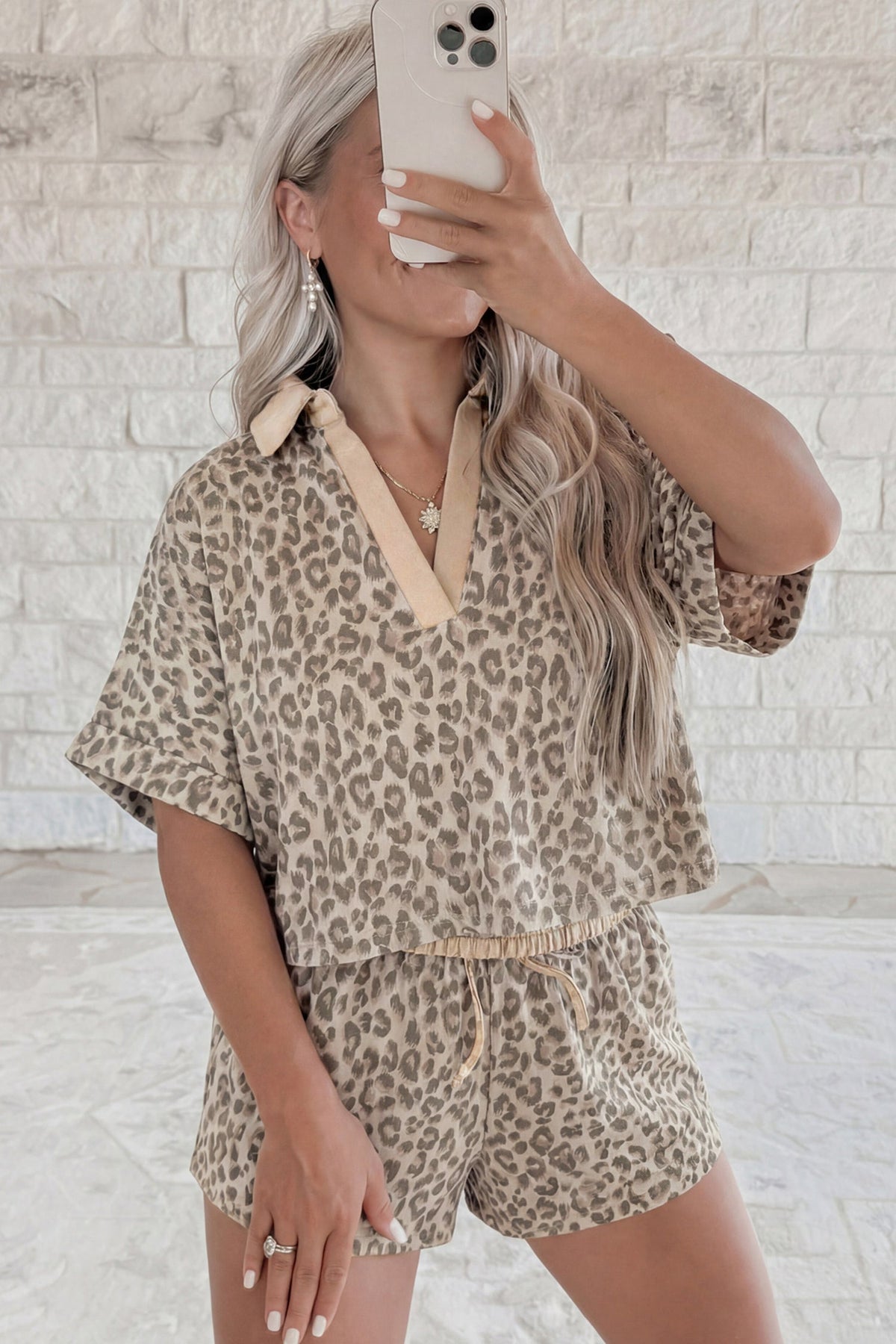 Brown V Neck Collar Leopard Printed 2pcs Short Set