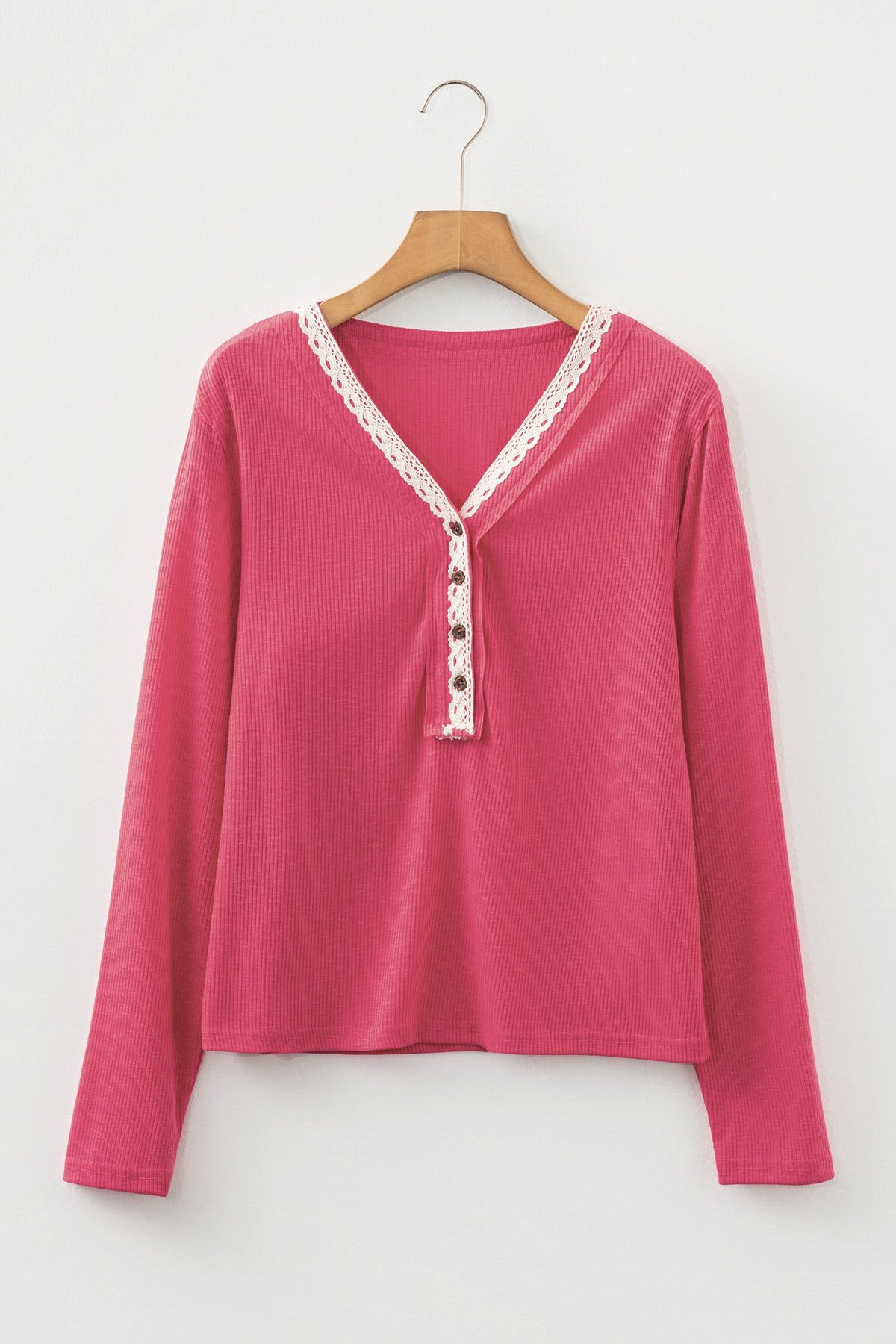 Racing Red Ribbed Texture Contrasted Lace Trim Button V Neck Long Sleeve Top