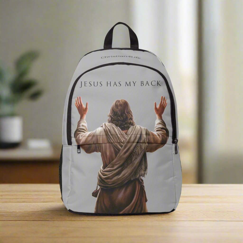 "Jesus Has My Back" Graphic design Christian Backpack (Choose Grey Shade)