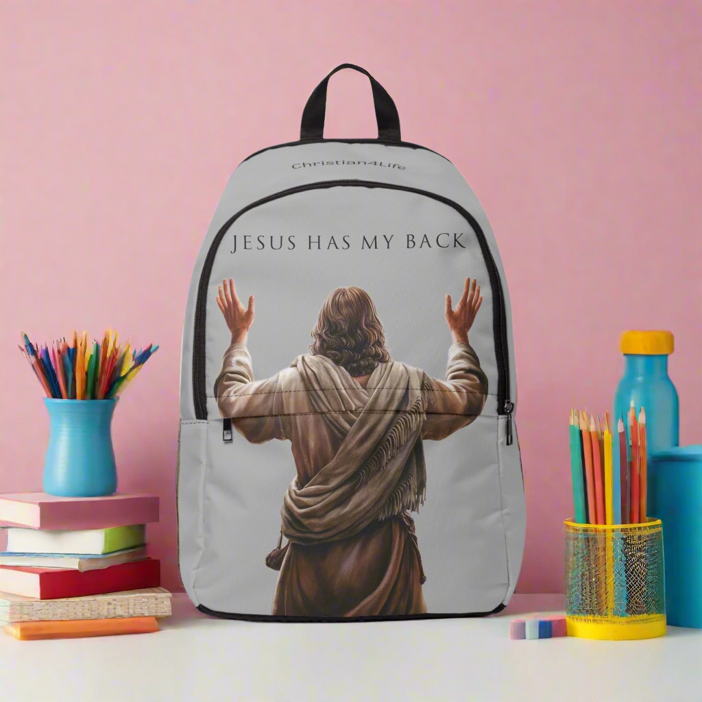 "Jesus Has My Back" Graphic design Christian Backpack (Choose Grey Shade)