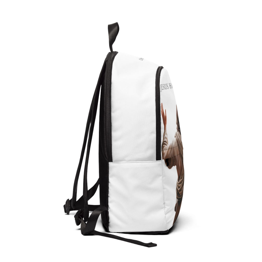 "Jesus Has My Back" Graphic design Christian Backpack (white)