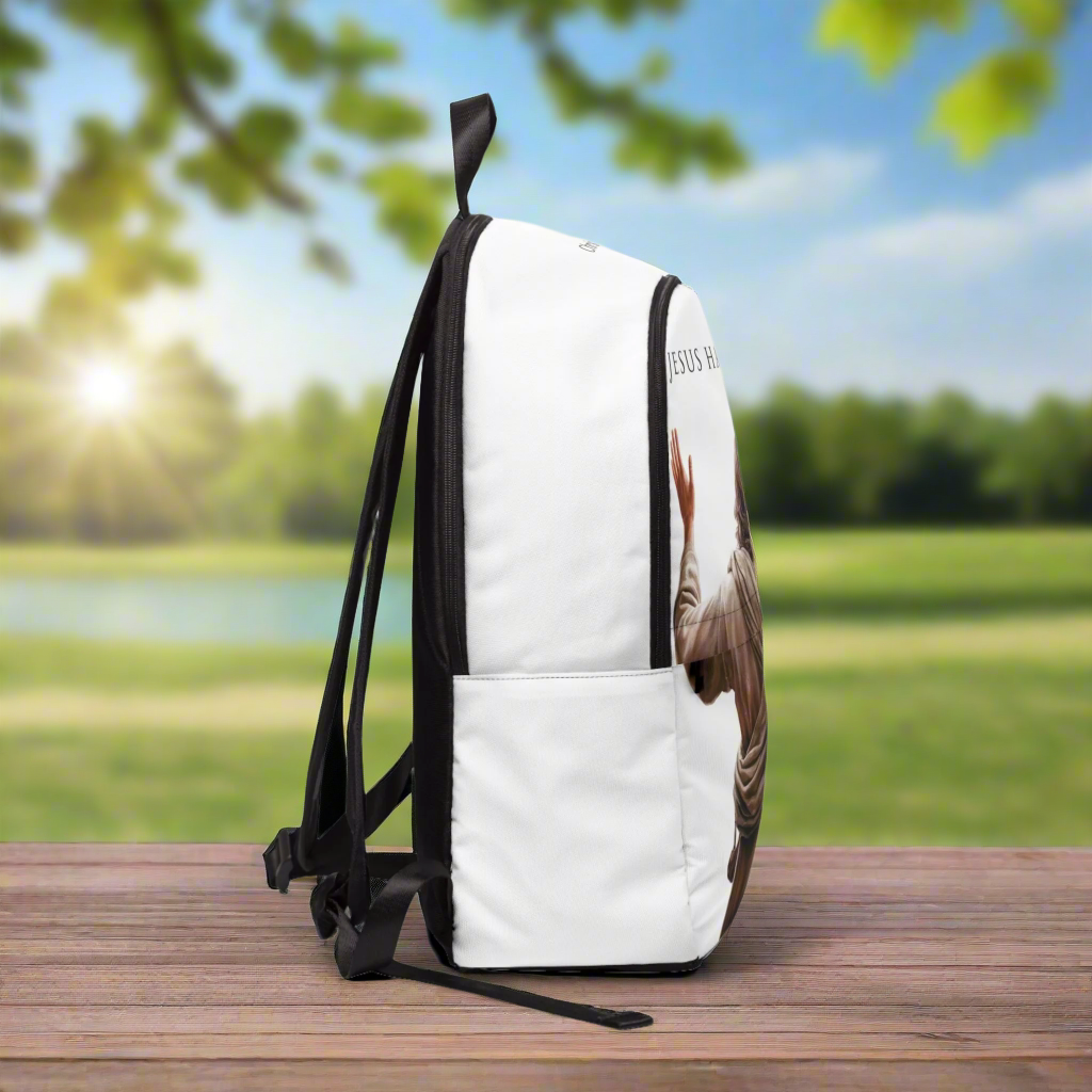 "Jesus Has My Back" Graphic design Christian Backpack (white)