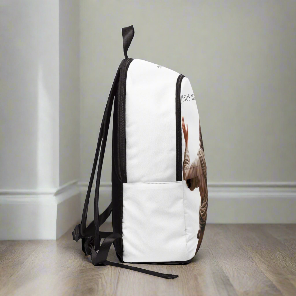 "Jesus Has My Back" Graphic design Christian Backpack (white)