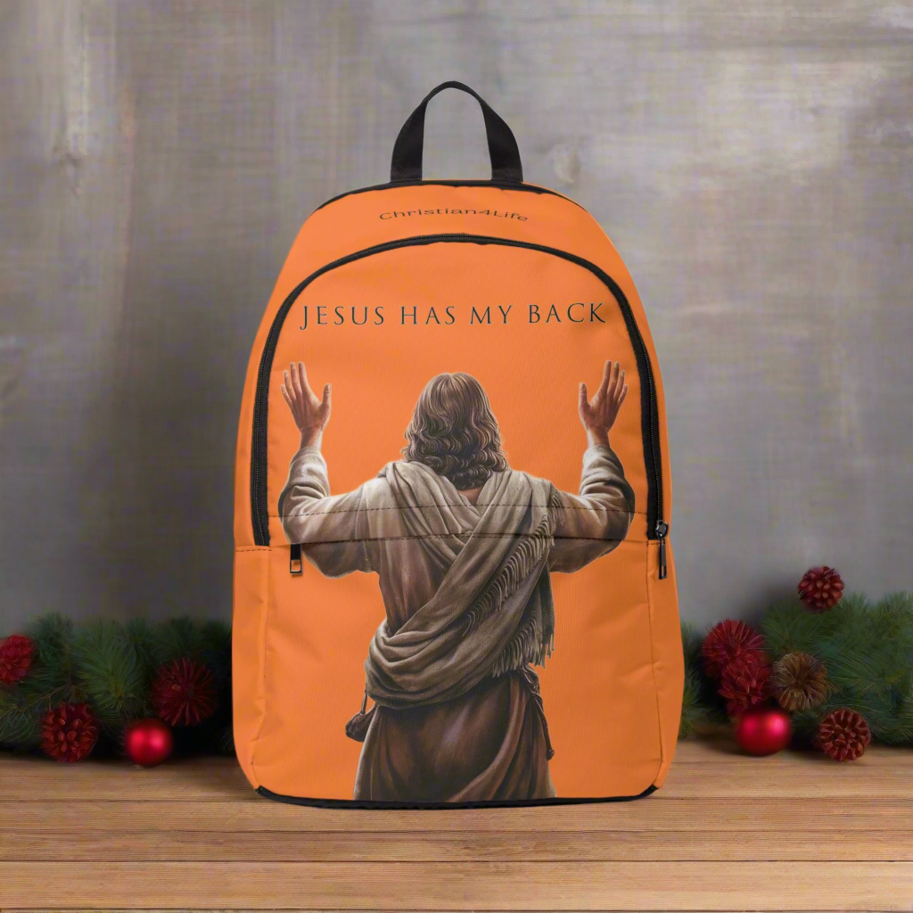 "Jesus Has My Back" Graphic design Christian Backpack (Choose Orange Shade)