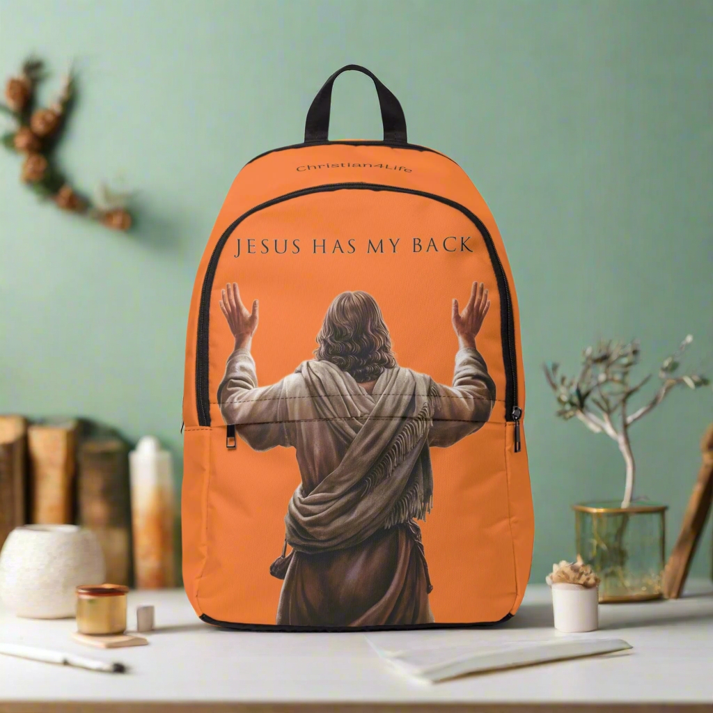 "Jesus Has My Back" Graphic design Christian Backpack (Choose Orange Shade)