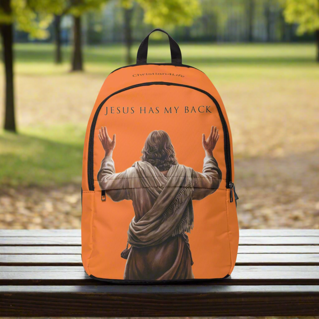 "Jesus Has My Back" Graphic design Christian Backpack (Choose Orange Shade)