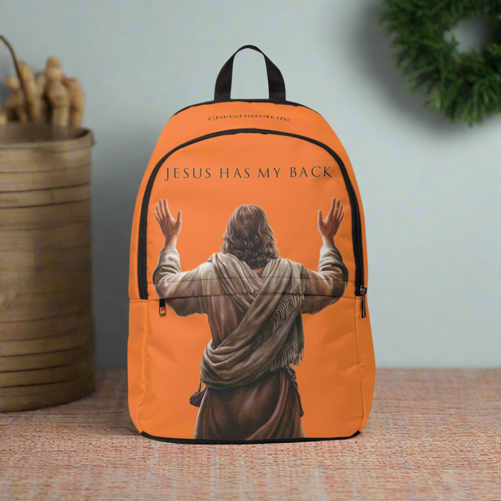 "Jesus Has My Back" Graphic design Christian Backpack (Choose Orange Shade)