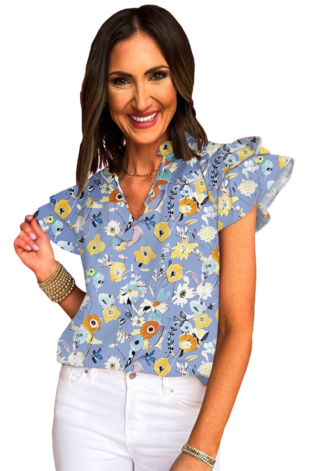 Sky Blue Flutter Sleeve Frill V Neck Floral Top