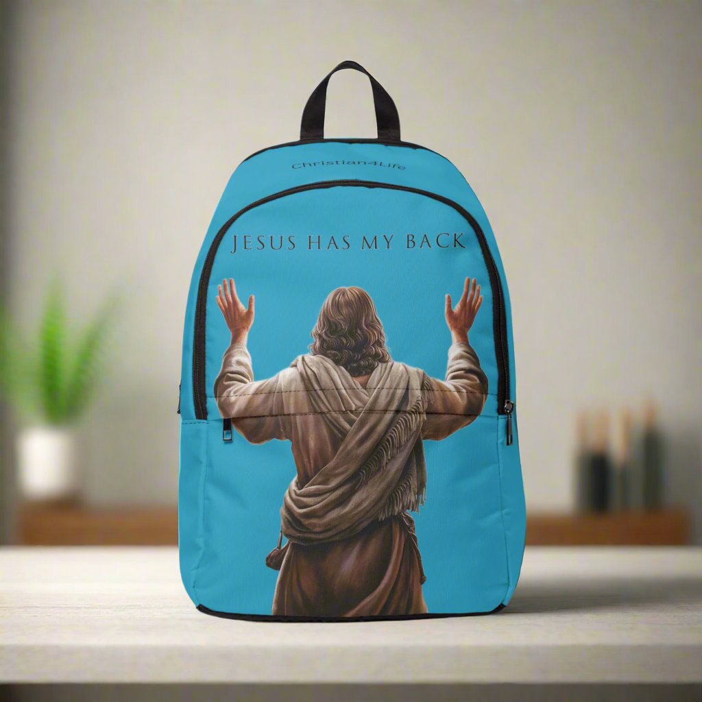 "Jesus Has My Back" design Christian Backpack (turquoise)