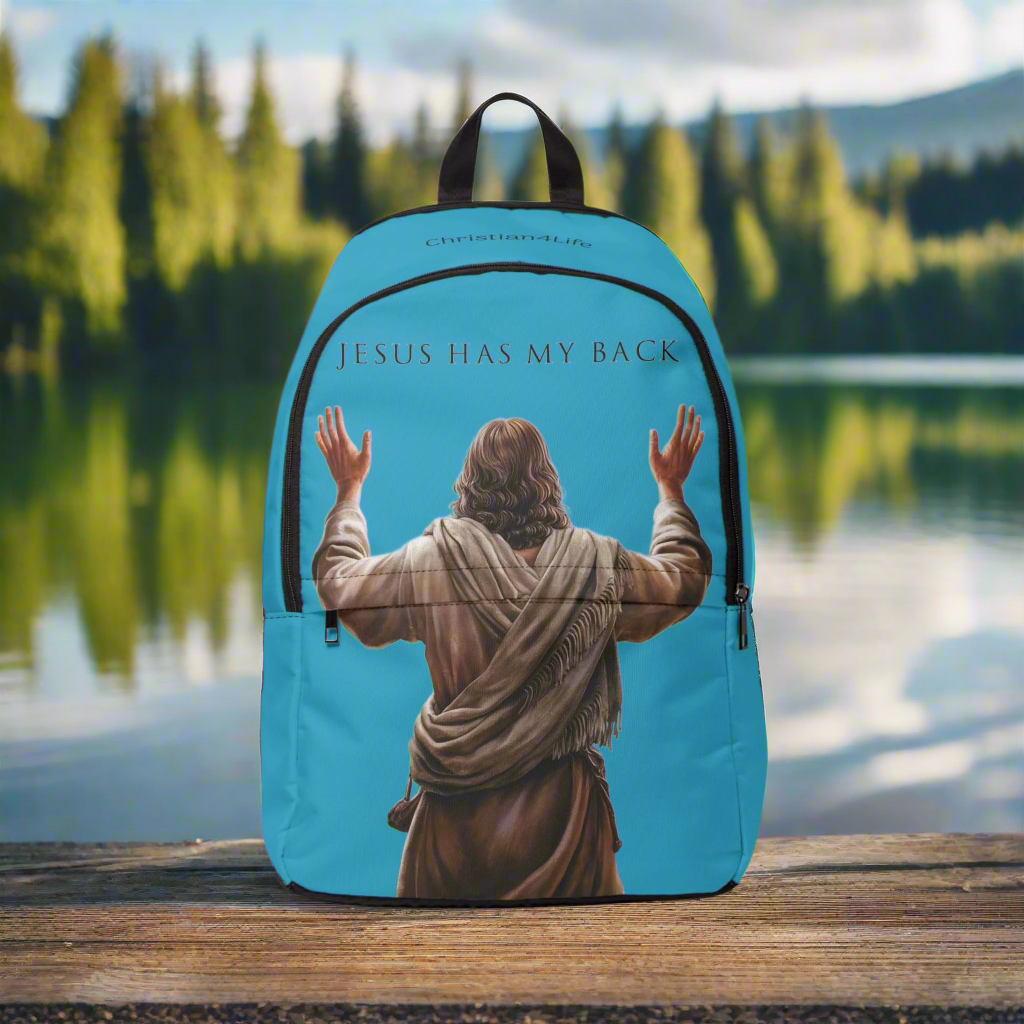 "Jesus Has My Back" design Christian Backpack (turquoise)