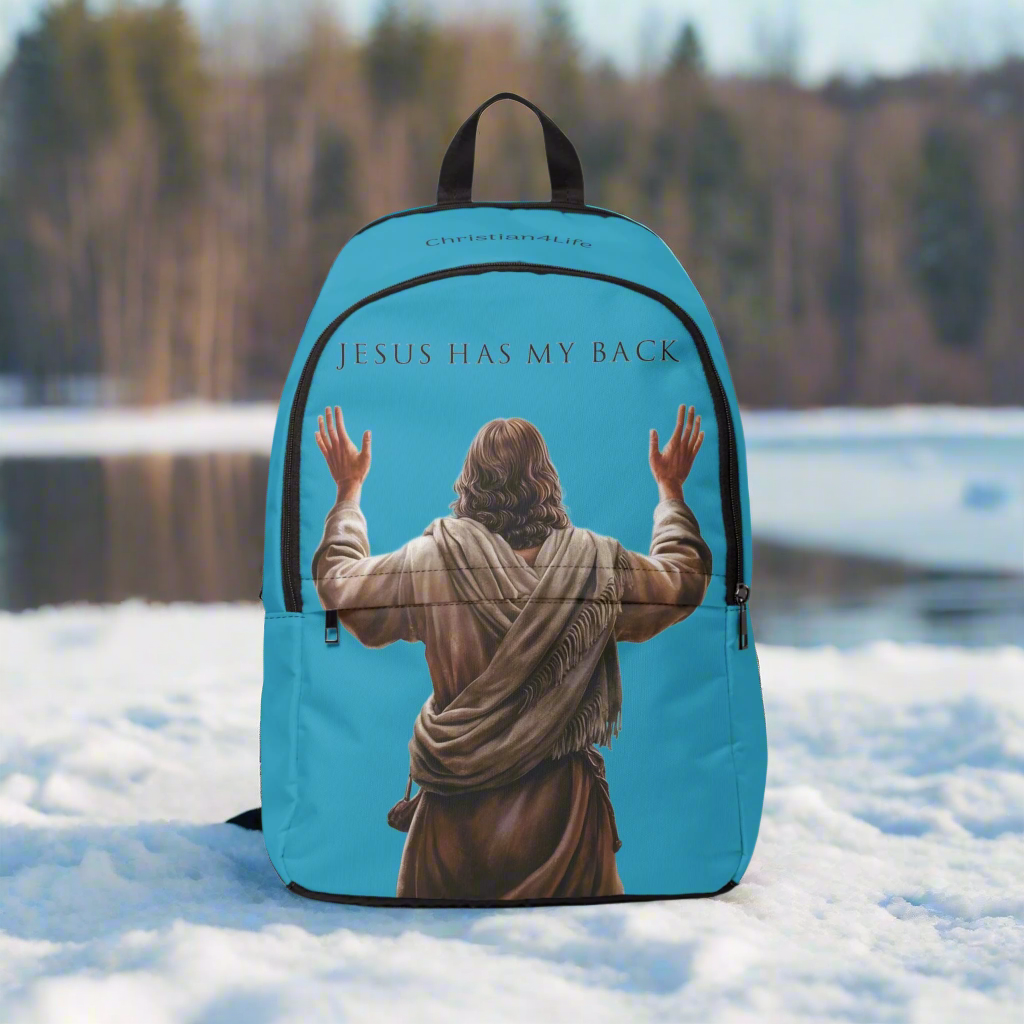 "Jesus Has My Back" design Christian Backpack (turquoise)