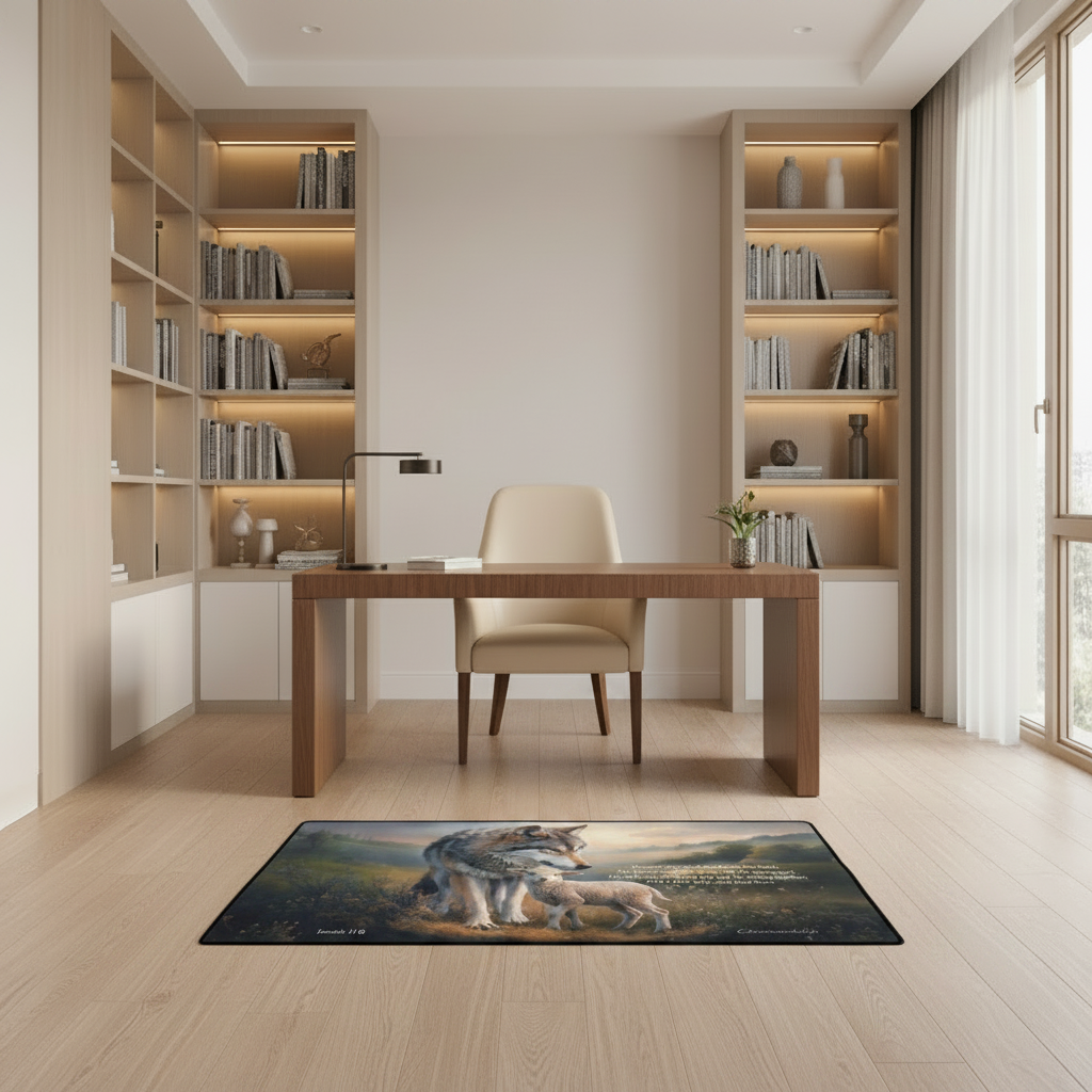 Wolf and Lamb Christian area rug / Mat 31" x 20" (choose from 3 designs) with Black Binding