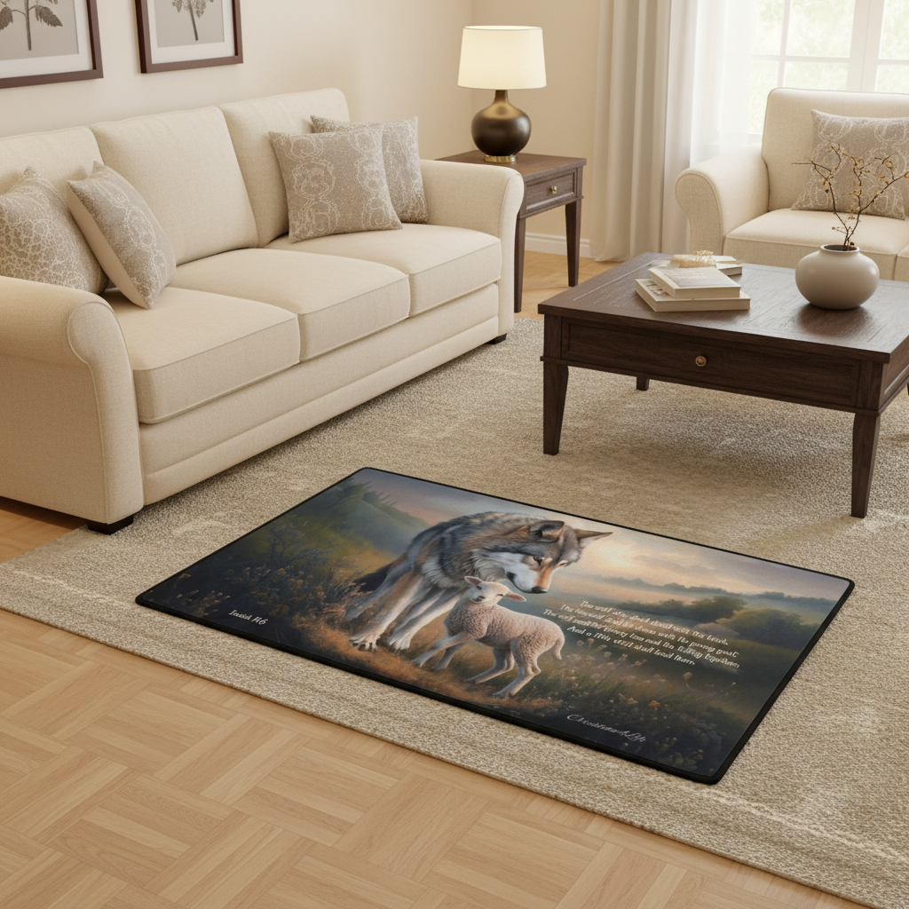 Wolf and Lamb Christian area rug / Mat 31" x 20" (choose from 3 designs) with Black Binding