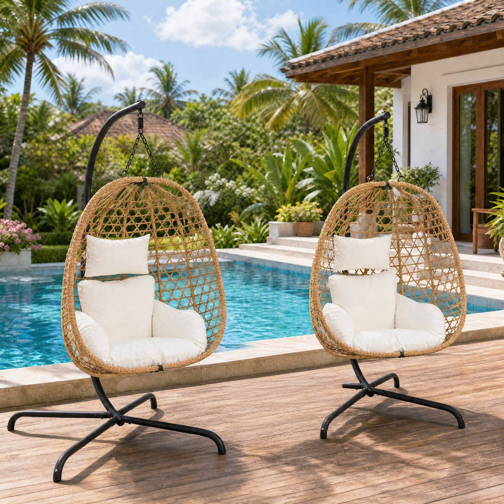 Set of 2 Egg Chairs with Stand - Patio Wicker Hanging Hammock Swing