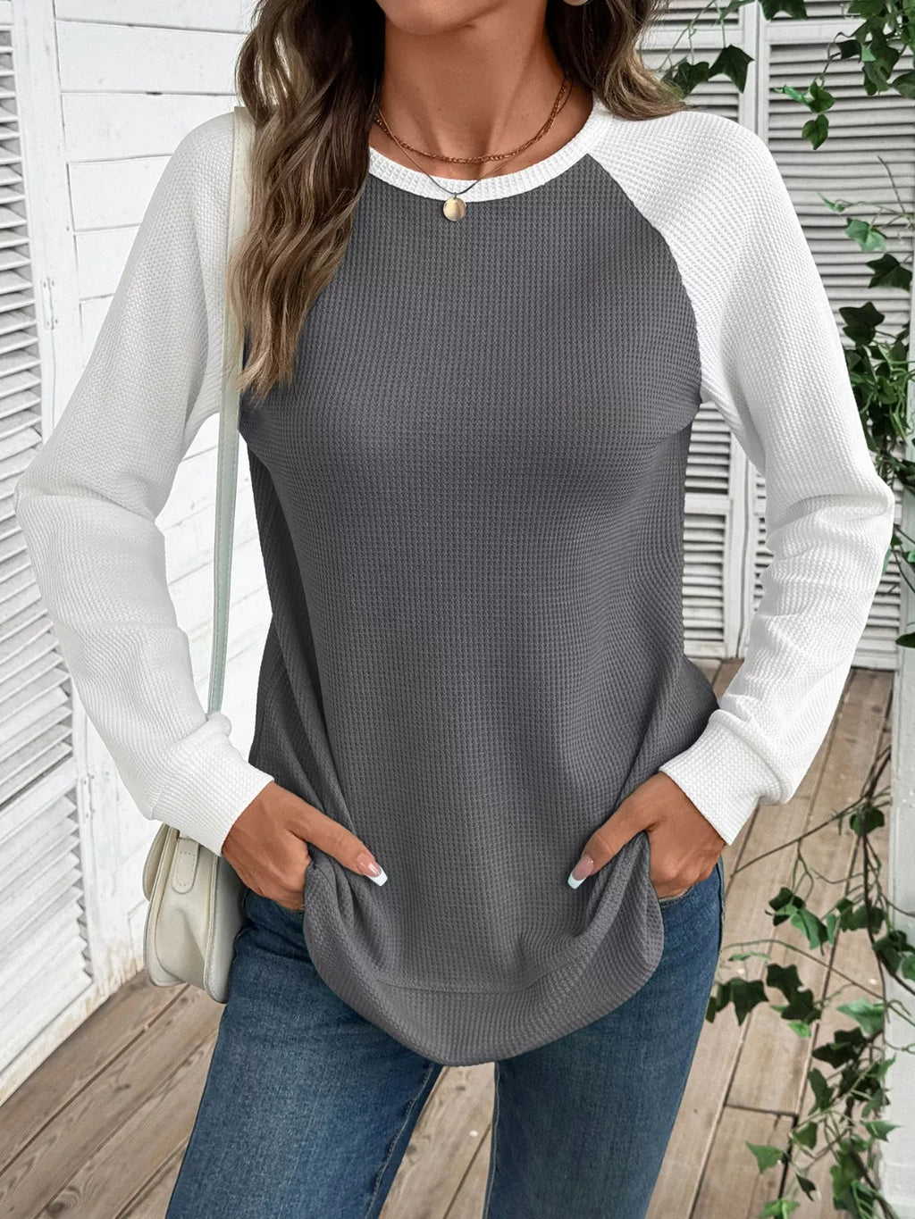 Waffle Knit Raglan Sleeve T-Shirt