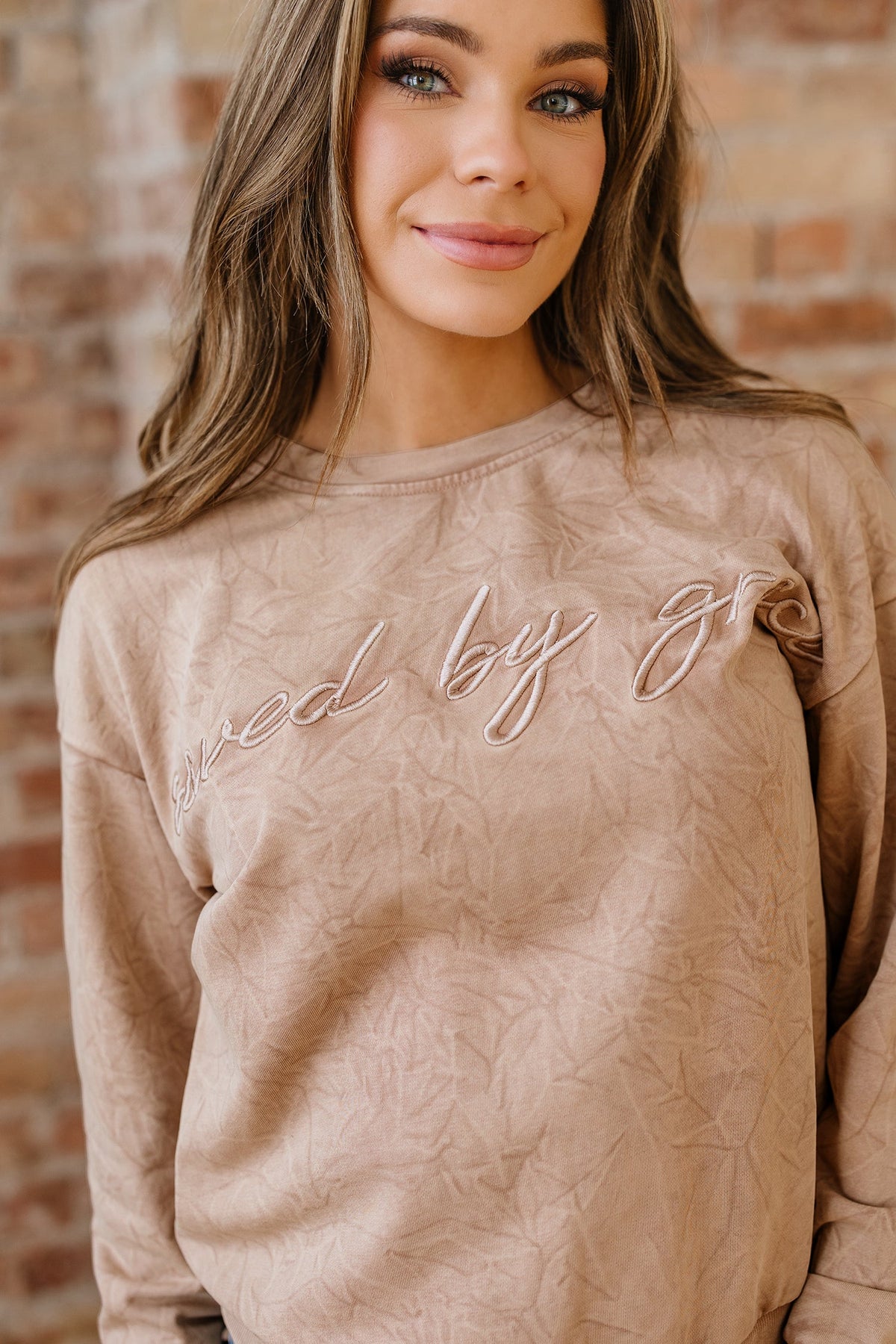 High-rise saved by grace Letter Embroidery Mineral Wash Loose Sweatshirt