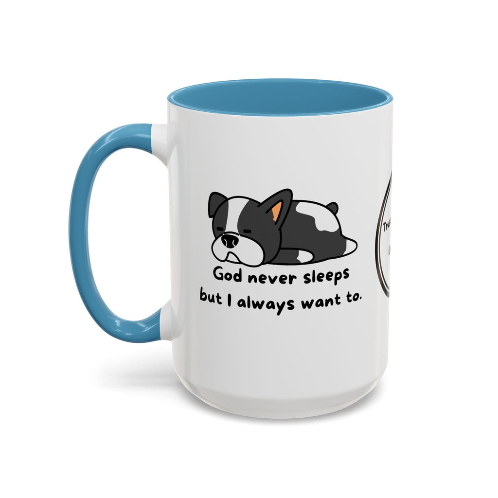 Christian "God never sleeps" 11 oz and 15oz Accent Mug, multiple colors, Christian Mug