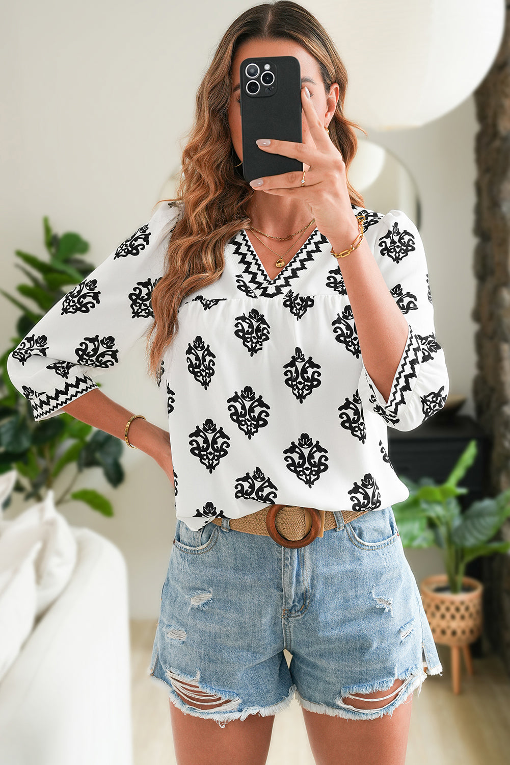 Green Damask Floral Print Contrast V Neck 3/4 Sleeve Blouse