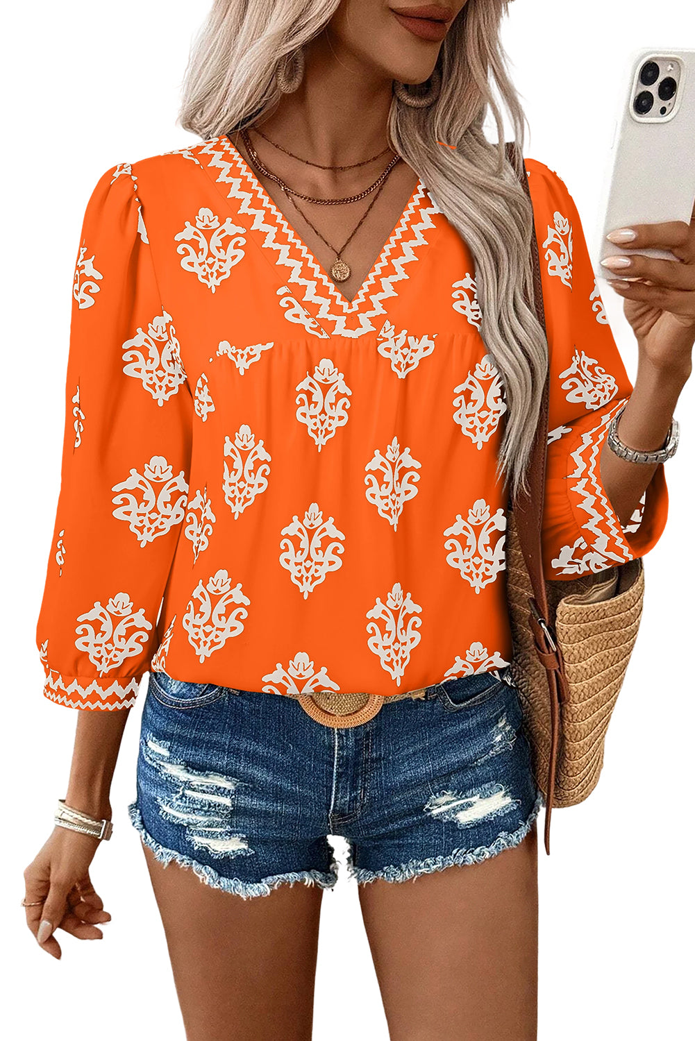 Green Damask Floral Print Contrast V Neck 3/4 Sleeve Blouse