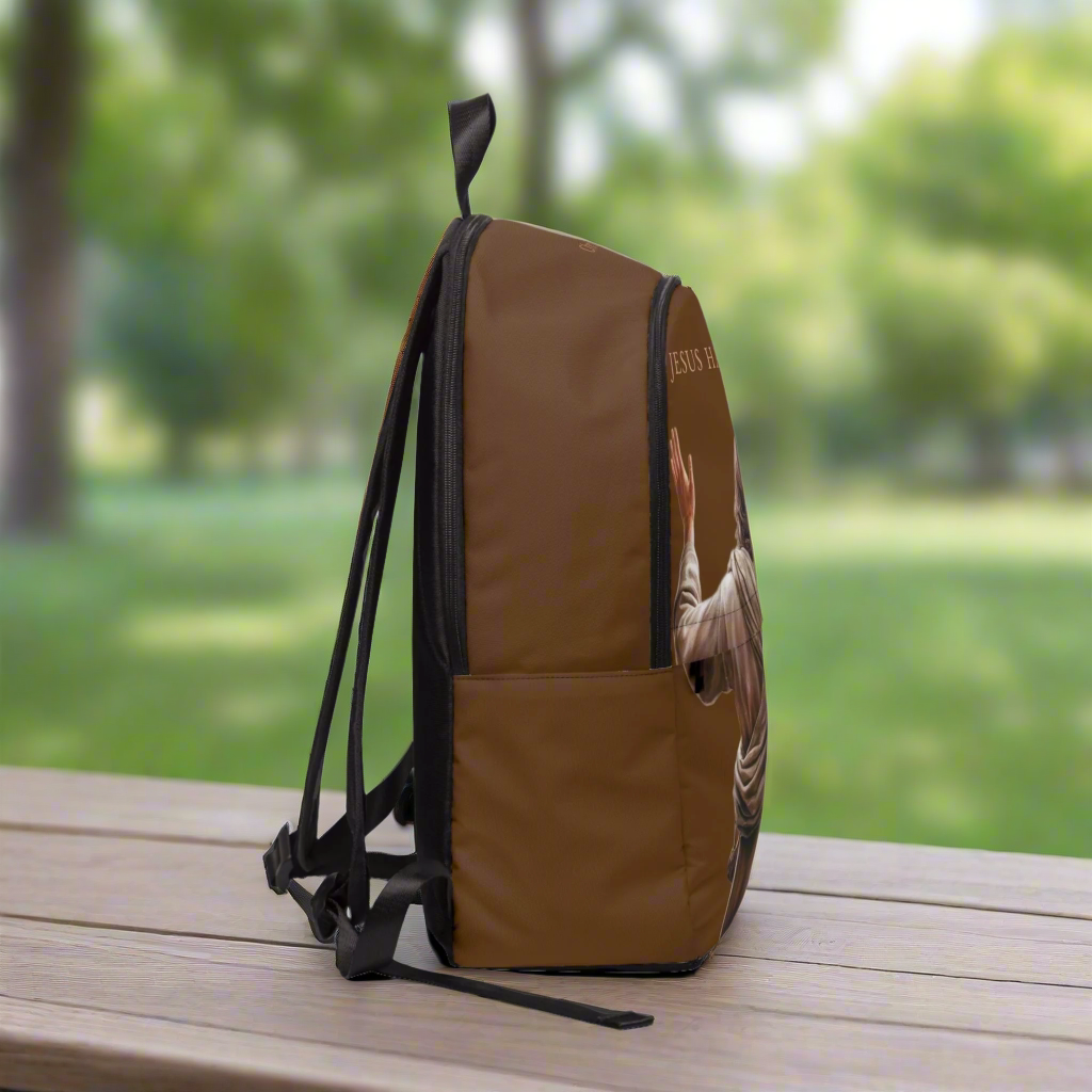 "Jesus Has My Back" Graphic design Christian Backpack (Choose Brown Shade)