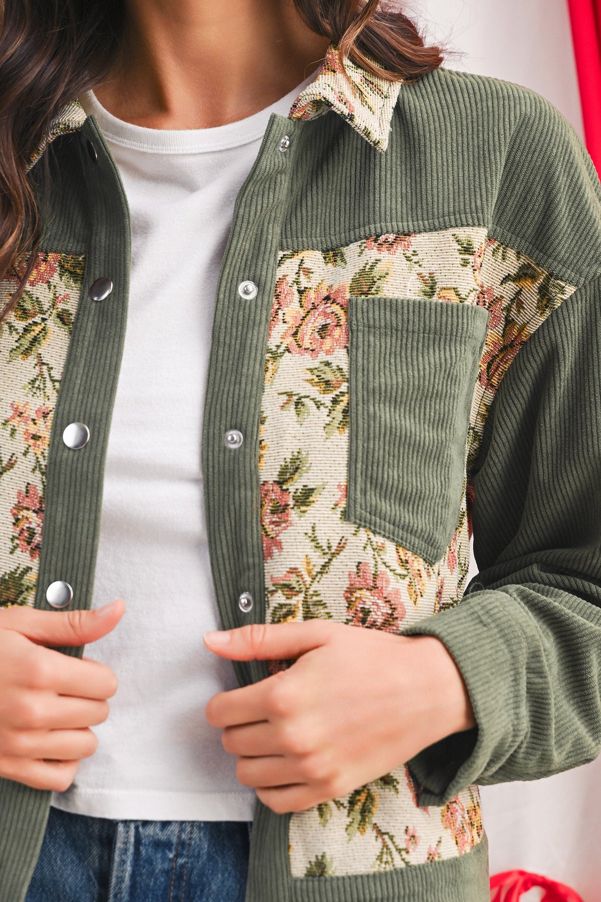 Clay Ribbed Retro Floral Patchwork Jacket