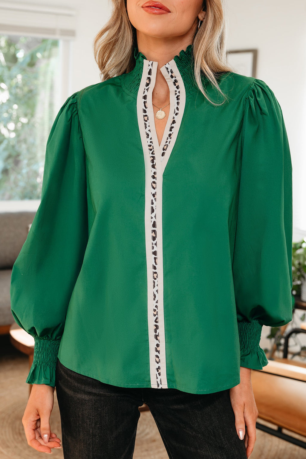 Black Puffy Flounce Sleeve Leopard Trim V Neck Blouse