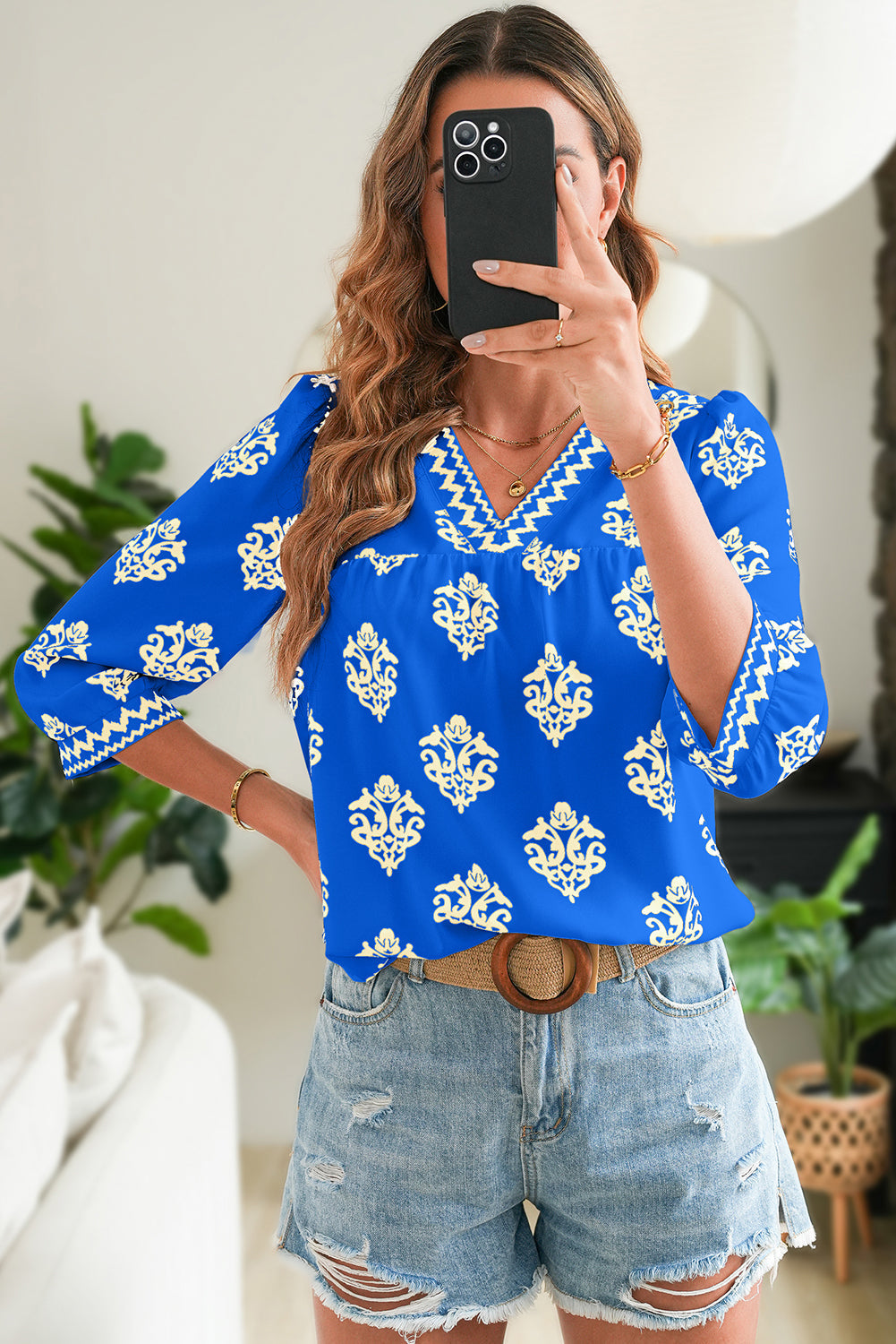 Green Damask Floral Print Contrast V Neck 3/4 Sleeve Blouse