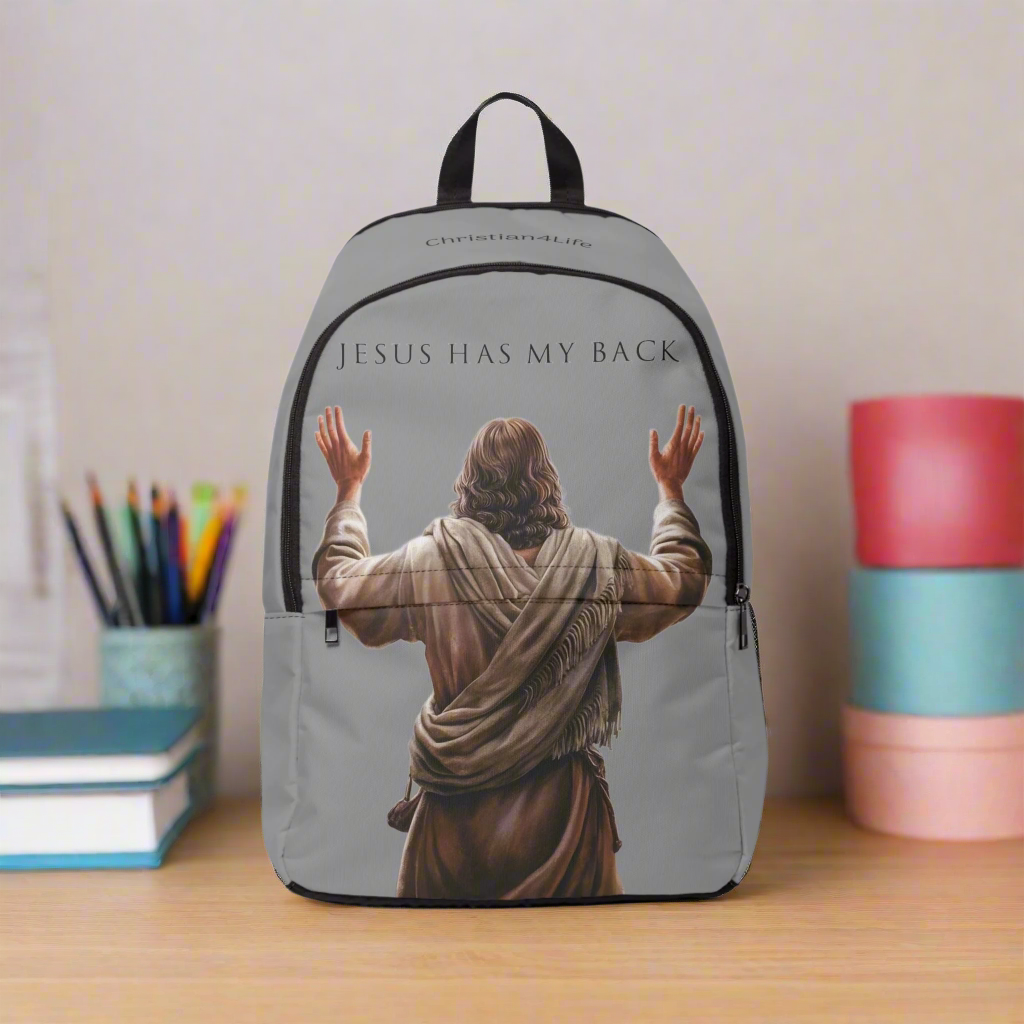 "Jesus Has My Back" Graphic design Christian Backpack (Choose Grey Shade)