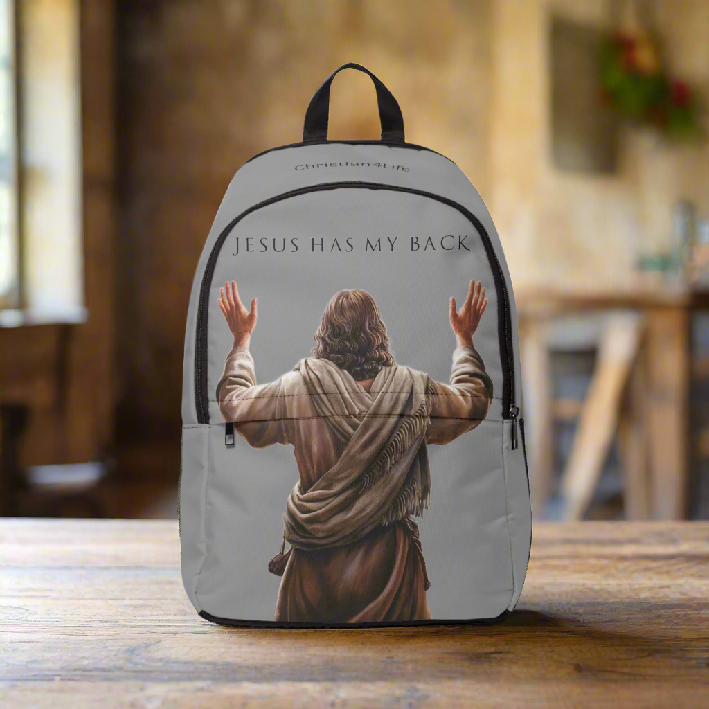 "Jesus Has My Back" Graphic design Christian Backpack (Choose Grey Shade)