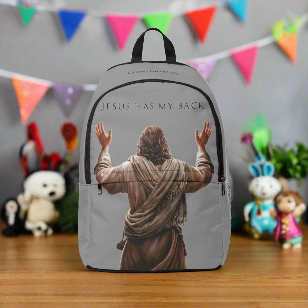 "Jesus Has My Back" Graphic design Christian Backpack (Choose Grey Shade)