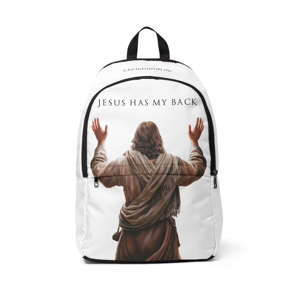 "Jesus Has My Back" Graphic design Christian Backpack (white)