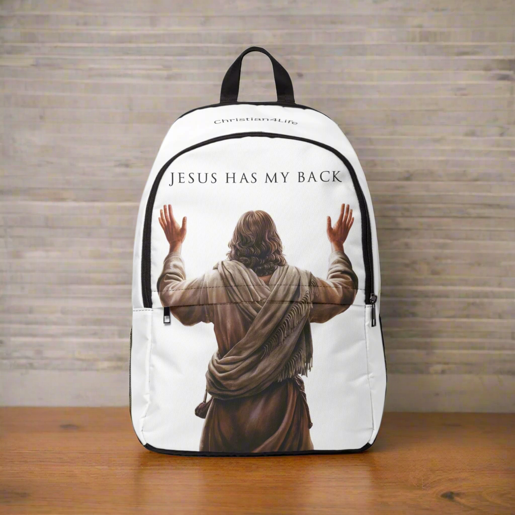 "Jesus Has My Back" Graphic design Christian Backpack (white)