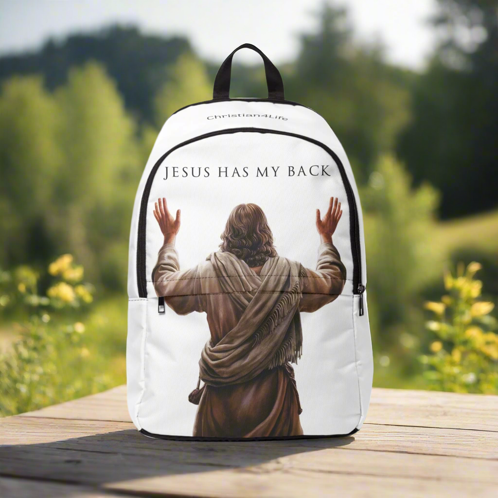 "Jesus Has My Back" Graphic design Christian Backpack (white)