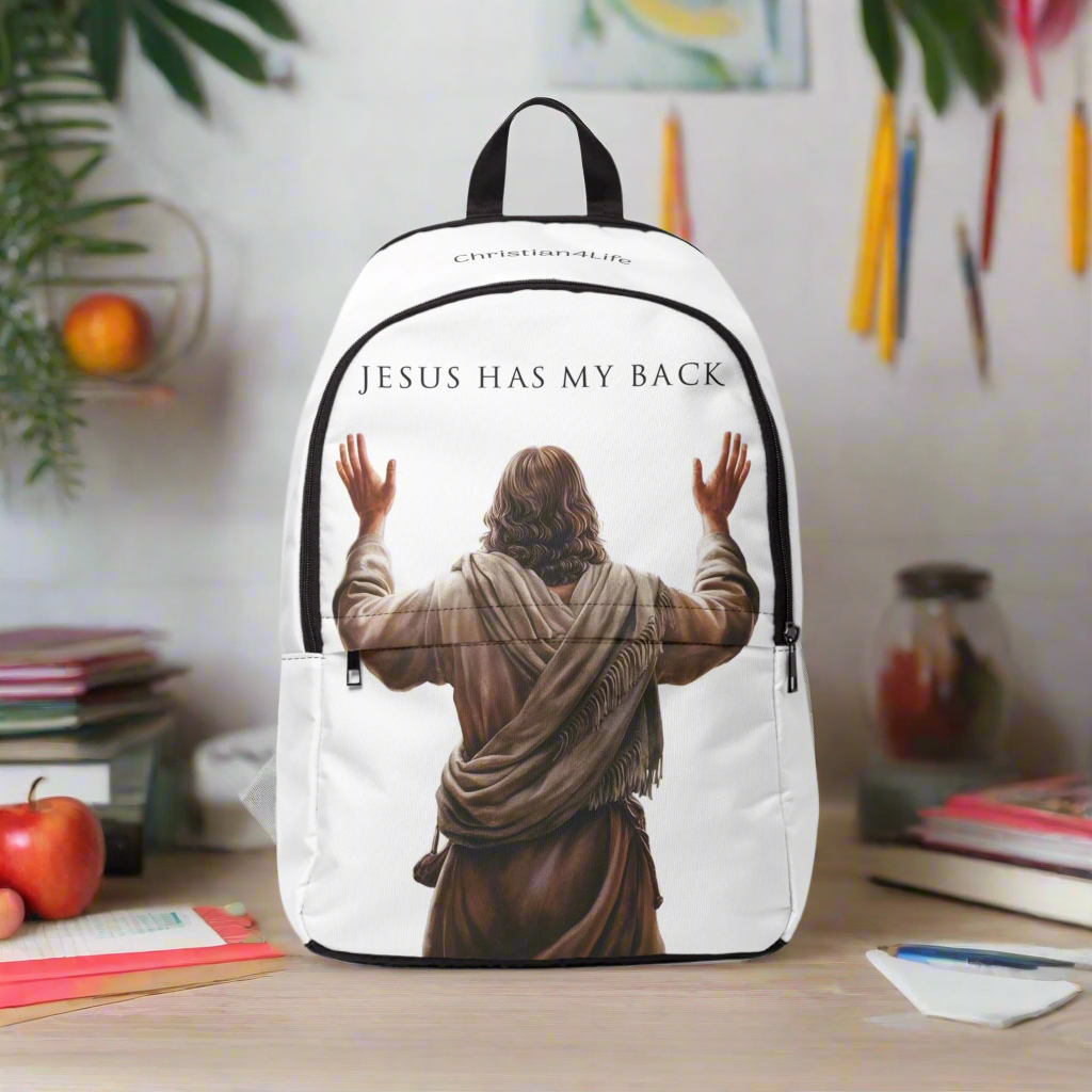 "Jesus Has My Back" Graphic design Christian Backpack (white)