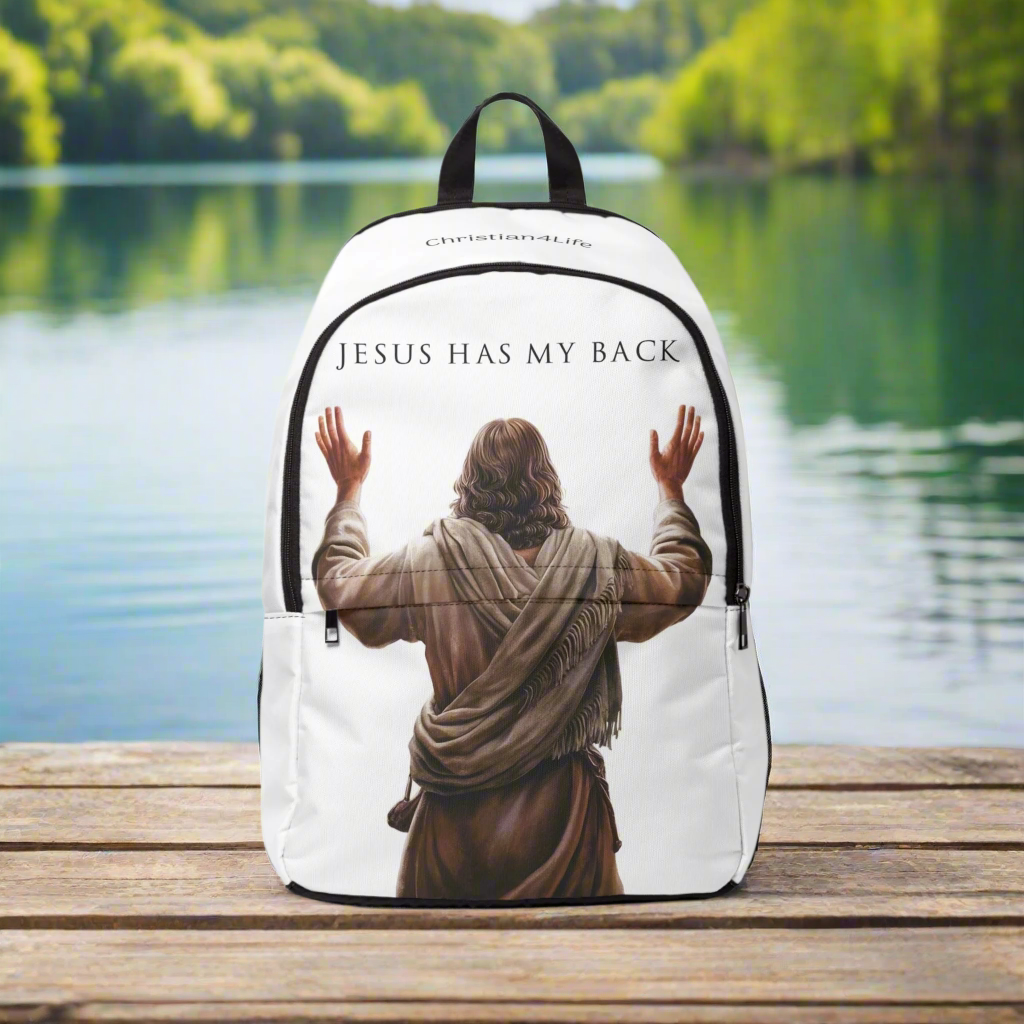 "Jesus Has My Back" Graphic design Christian Backpack (white)