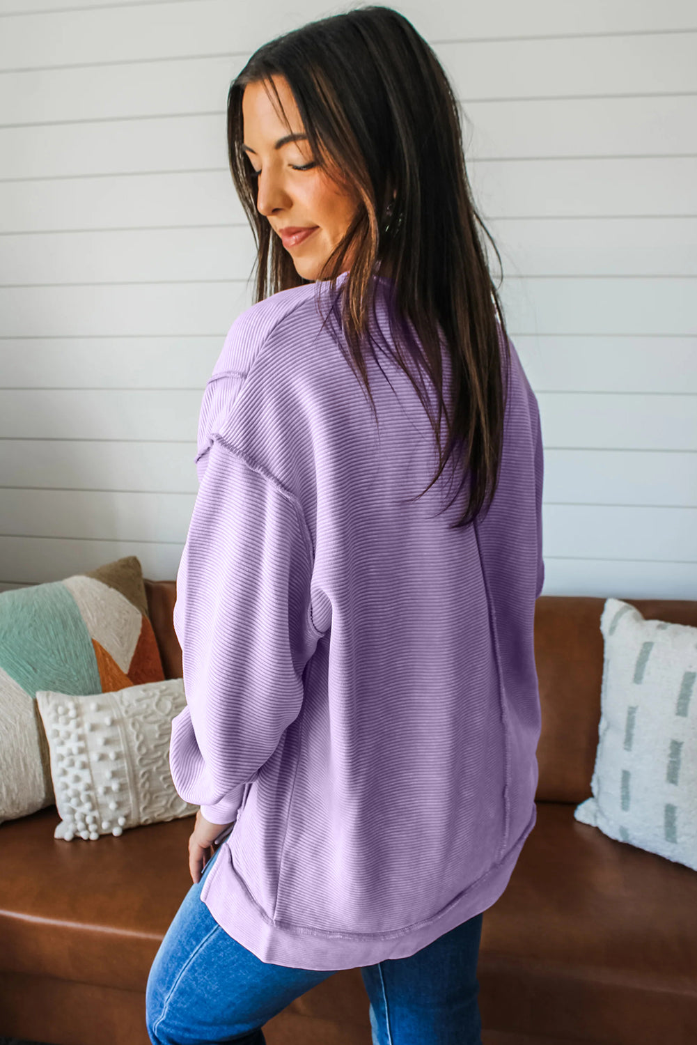 Sea Green Horizontal Ribbed Exposed Seam Detail Drop Shoulder Baggy Pullover