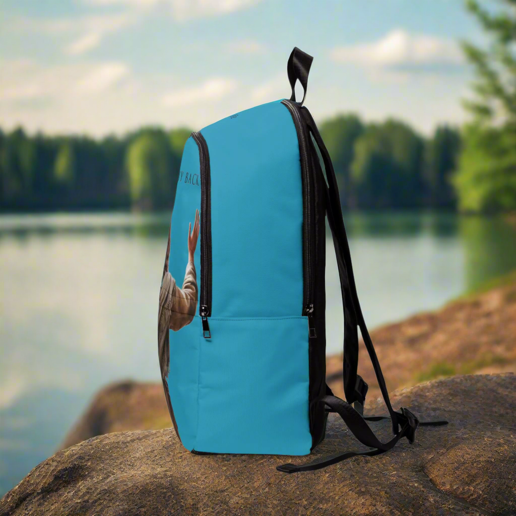 "Jesus Has My Back" design Christian Backpack (turquoise)