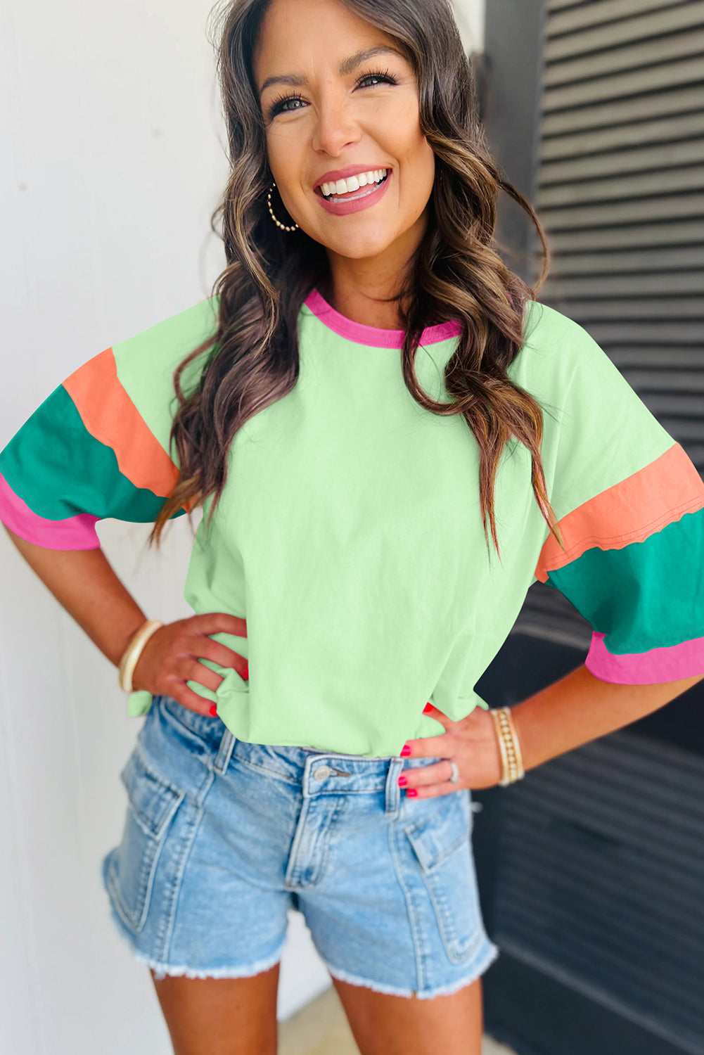 Pink Color Block Stitching Sleeve Round Neck Oversize Top