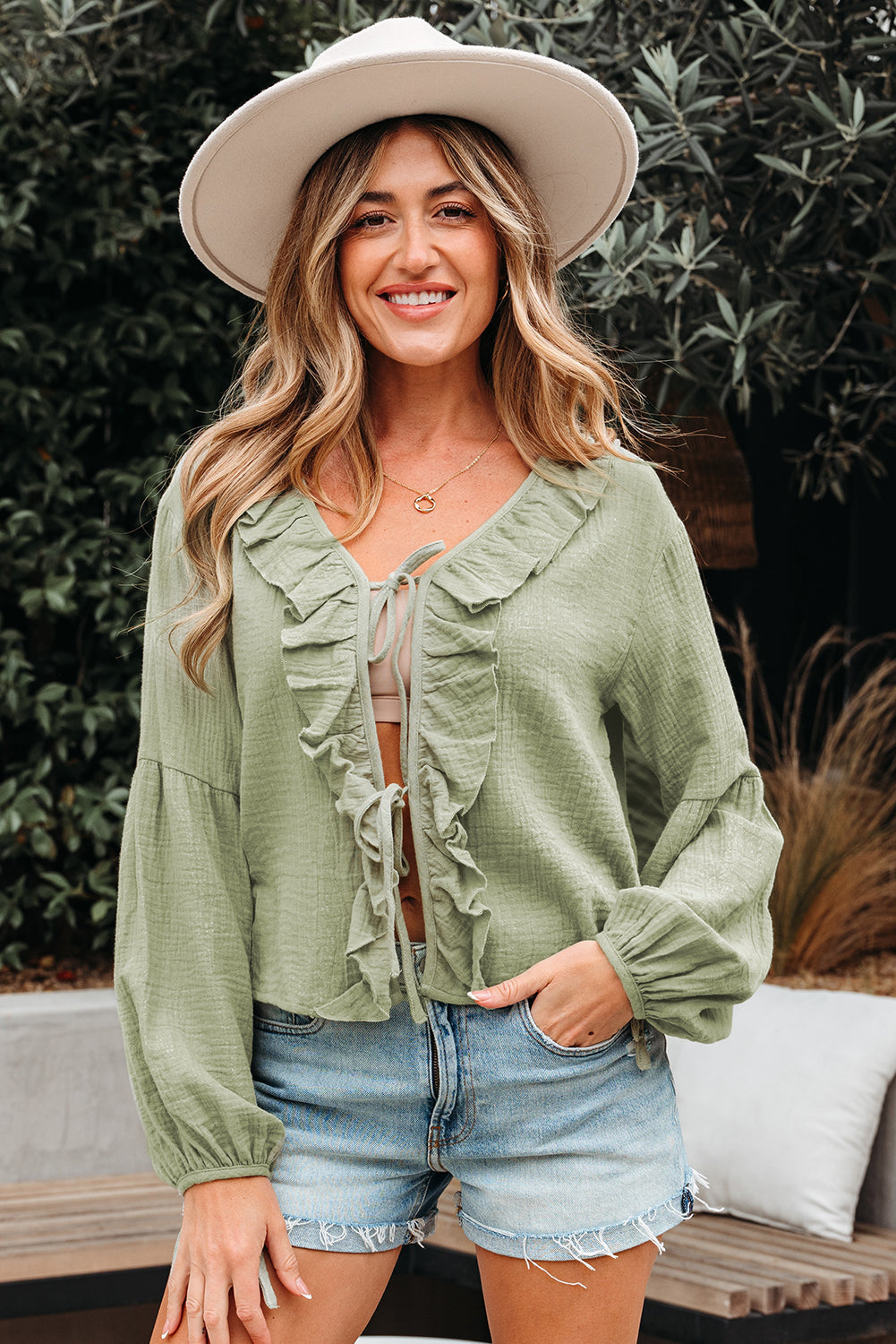 Meadow Mist Green Bow Tie Front Ruffle Trim V Neck Long Sleeve Gauze Blouse