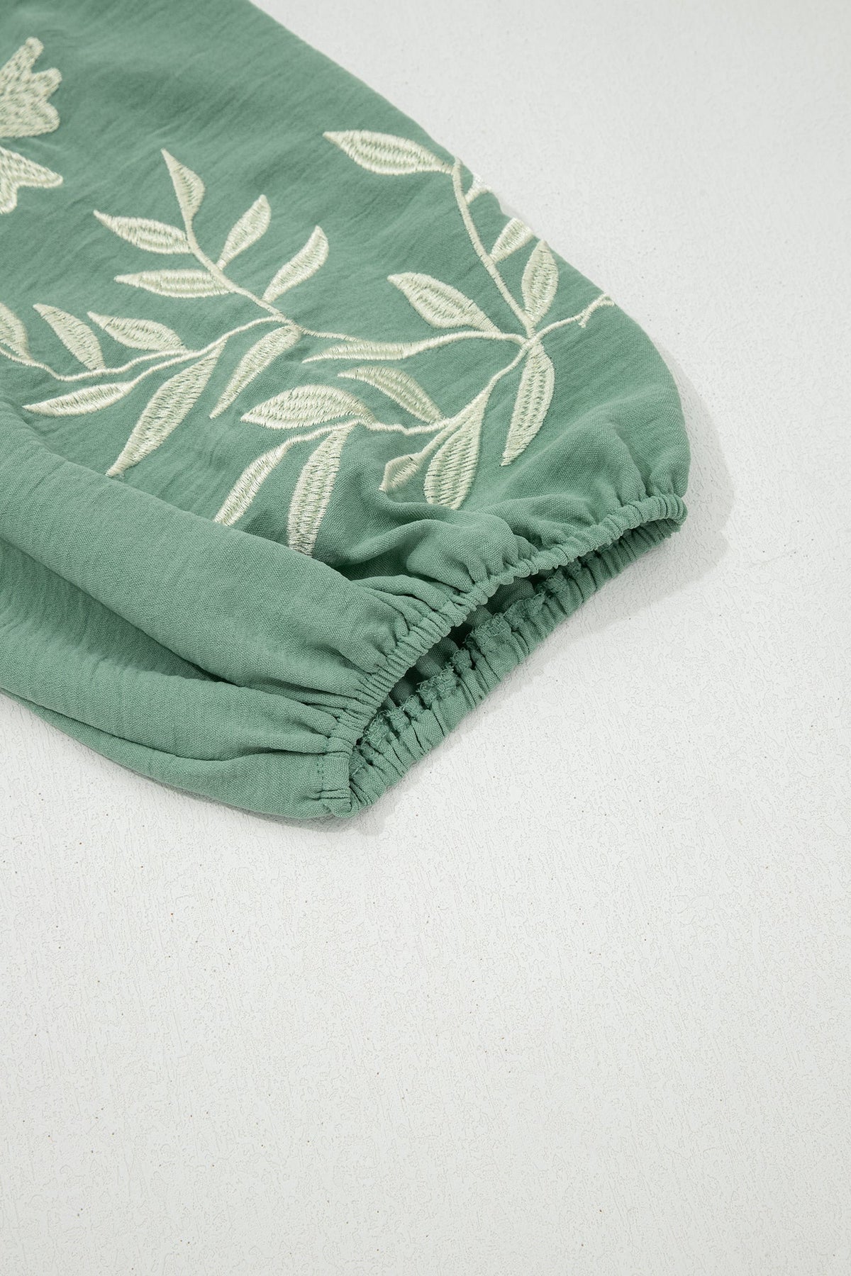 Smoke Green Color Block Patchwork V Neck Embroidered Puff Sleeve Babydoll Blouse